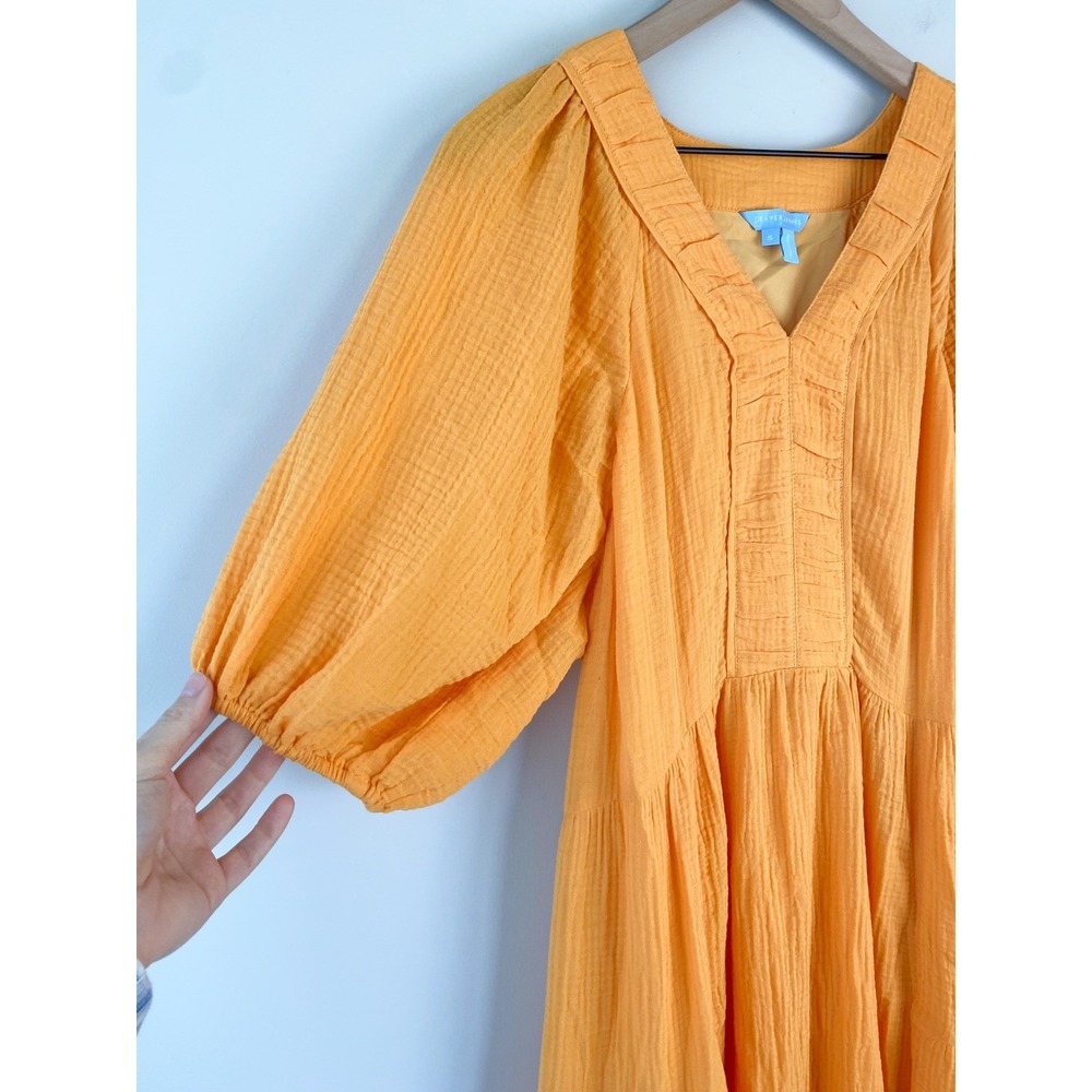 Draper James Chloe V Neck Midi Dress S Orange Crinkle Cotton Tiered Puff Sleeve - Picture 4 of 12